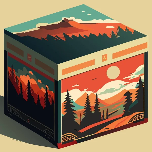 レトロなヴィンテージペーパーカット 山林風景のスタイルイラスト ポスター フライヤー カード ポスター パンフレット 印刷物のための設計 — ストックベクタ