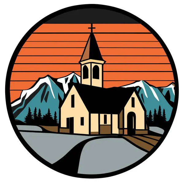 Διανυσματική Απεικόνιση Εκκλησίας Ένα Βουνό Στο Βάθος — Διανυσματικό Αρχείο
