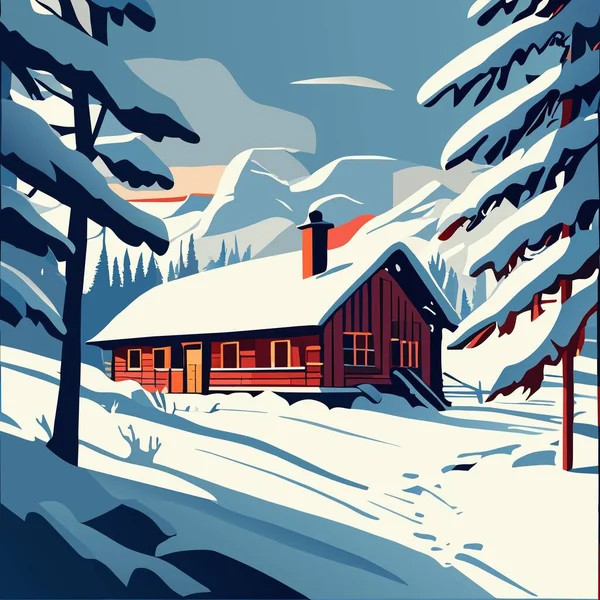 Invierno Paisaje Nieve Pinos Nieve Nieve Montañas Casa — Vector de stock