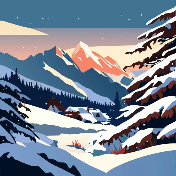 山と松の木のベクターイラストと冬の風景 — ストックベクタ