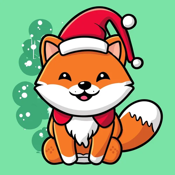 Vector Cartoon Cute Red Fox Christmas Santa Claus Hat Isolated — Stock Vector