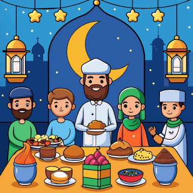 Ramazan Kareem konsepti. Aile ve ramazan kareem ile vektör illüstrasyonu