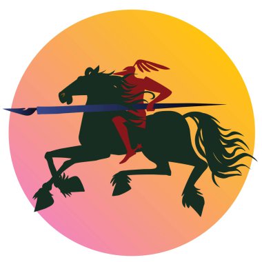 Büyük bir kalemle at üstünde siyah şövalye.