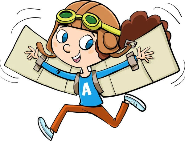 Gadis Berjalan Antusias Dengan Topi Penerbang Mencoba Untuk Terbang Dengan - Stok Vektor