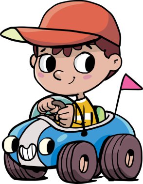 boy drives a small car with a cute face clipart