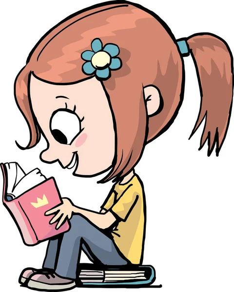 Kleines Mädchen Sitzt Auf Einem Buch Und Liest Begeistert — Stockvektor
