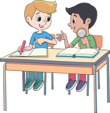 İki erkek öğrenci fen sınıfında okul sıralarında oturuyorlar.
