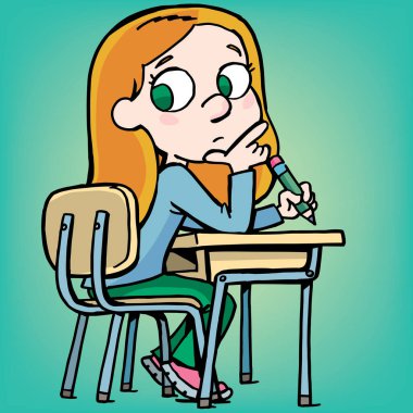 Kız okul masasında bir görev düşünüyor.