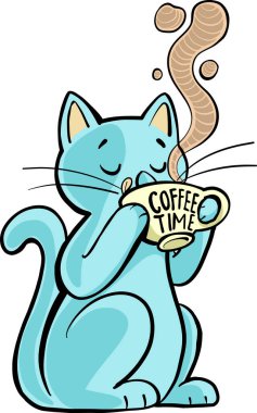 blue cat drinks coffee from a cup