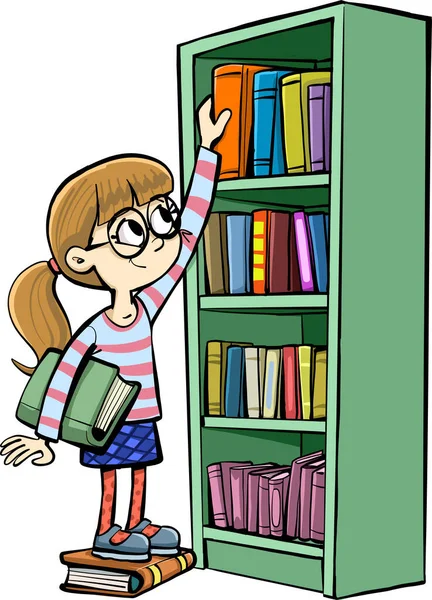 Kütüphanede Kitaplığın Yanındaki Kız Bir Kitap Alır — Stok Vektör