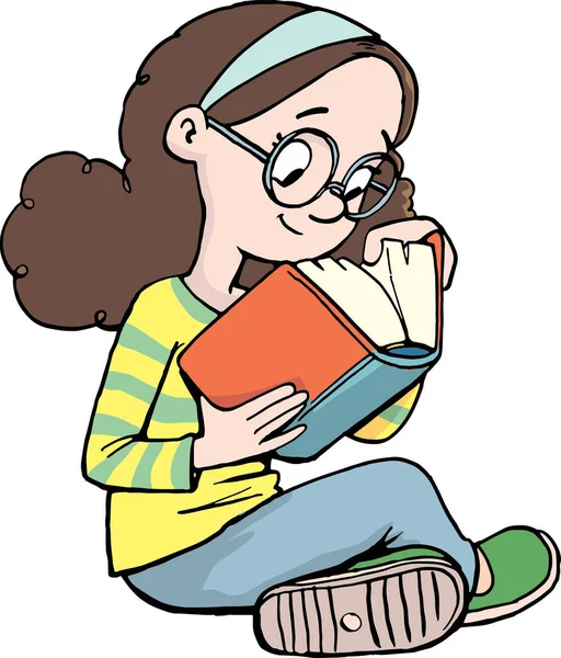 女の子は床に座って本を読んでいます — ストックベクタ