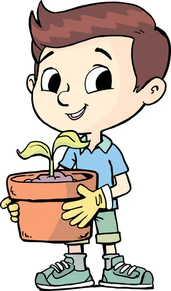 Jongen Plantte Een Plant Een Pot — Stockvector