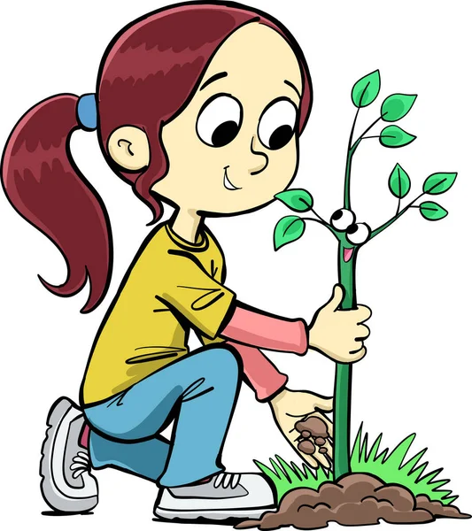 Menina Planta Uma Árvore Jovem Chão —  Vetores de Stock