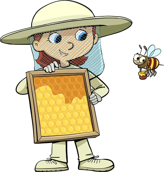 Imkermädchen Hält Gesellschaft Von Bienen Ein Gestell Mit Waben Und — Stockvektor