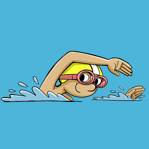 boy swimming vigorously with goggles and a swimming cap