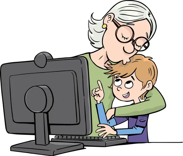 Großmutter Und Enkel Vor Einem Computerbildschirm — Stockvektor
