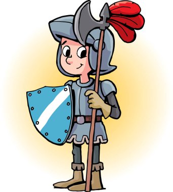 boy guard in armor guards with a halberd