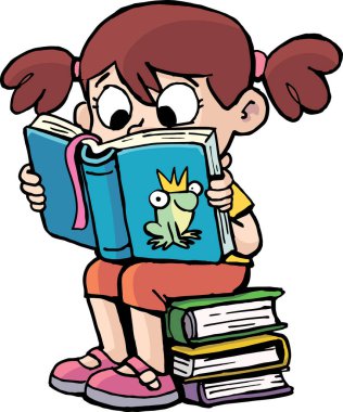 Kız kitapların üzerinde oturuyor ve kitap okuyor.