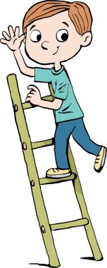 Çocuk merdivenleri tırmanıyor ve bizi selamlıyor.