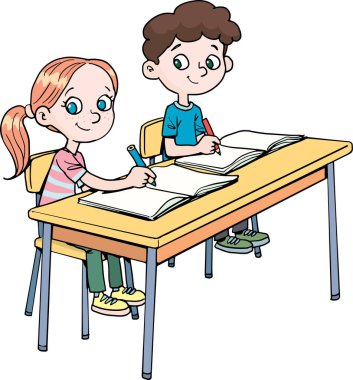 Öğrenciler okul masasındaki bir deftere yazı yazıyorlar.