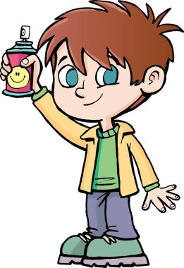 Çocuk elinde gülümseme ifadesi olan bir sprey tutuyor.