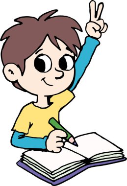 Defteri ve kalemi olan çocuk iki parmağını kaldırdı ve bilgisini gösterdi.
