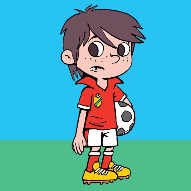 Futbol formasında hata yapan çocuk topu tutuyor.