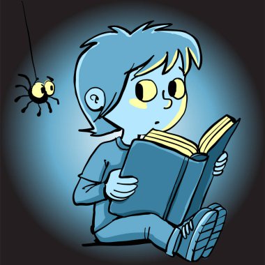 Bir çocuk karanlıkta kitap okurken bir örümcek onu izliyor.