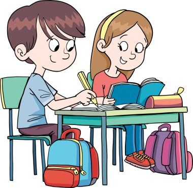 Çocuklar okul masasına oturur ve ders çalışırlar.