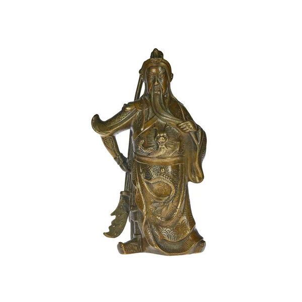 Brass figurine of the Chinese god of war Guan Yu on a white background.