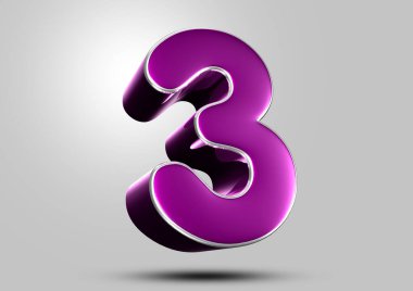 Gri arkaplandaki 3 numaralı mor 3D çizimin çalışma yolu var. Reklam tabelaları. Ürün tasarımı. Ürün satışları.