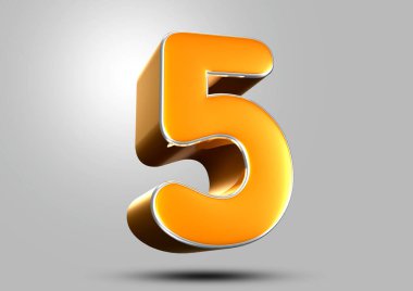 Gri arkaplandaki 5 numaralı turuncu 3D çizimin çalışma yolu var. Reklam tabelaları. Ürün tasarımı. Ürün satışları.