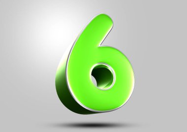 Gri arkaplandaki 6 numaralı yeşil 3D çizimin çalışma yolu var. Reklam tabelaları. Ürün tasarımı. Ürün satışları.