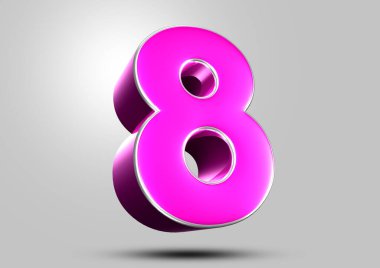 Gri arkaplandaki 8 numaralı pembe 3D çizimin çalışma yolu var. Reklam tabelaları. Ürün tasarımı. Ürün satışları.