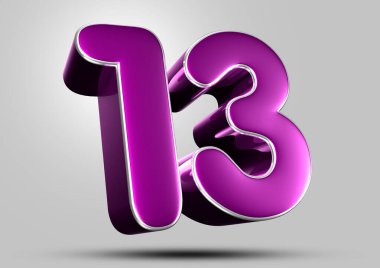 Gri arkaplandaki 13 numaralı mor 3D çizimin çalışma yolu var. Reklam tabelaları. Ürün tasarımı. Ürün satışları.