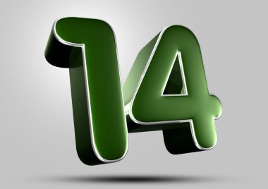 Gri arkaplandaki 14 numaralı koyu yeşil 3D çizimin çalışma yolu var. Reklam tabelaları. Ürün tasarımı. Ürün satışları.