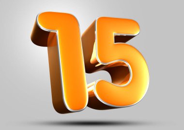 Gri arkaplandaki 15 numaralı turuncu 3D çizimin çalışma yolu var. Reklam tabelaları. Ürün tasarımı. Ürün satışları.