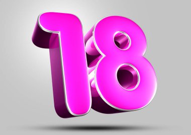 Gri arkaplandaki 18 numaralı pembe 3D çizimin çalışma yolu var. Reklam tabelaları. Ürün tasarımı. Ürün satışları.