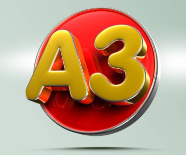 Açık gri arkaplandaki A3 altın, kırmızı dairenin üç boyutlu çiziminin çalışma yolu. Reklam tabelaları. Ürün tasarımı. Ürün satışları. Ürün kodu.