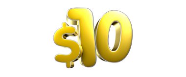 Beyaz arka planda 10 dolarlık altın şekilli 3D resimlerin çalışma yolu vardır. Reklam tabelaları. Ürün tasarımı. Ürün satışları.