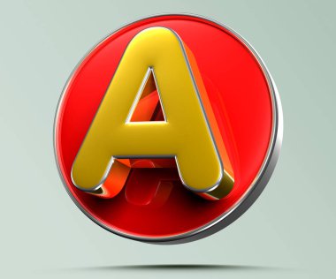 Açık gri arka planda kırmızı daireli altın sarısı, 3D resimli harf iş yoluna sahiptir. Reklam tabelaları. Ürün tasarımı. Ürün satışları. Ürün kodu.