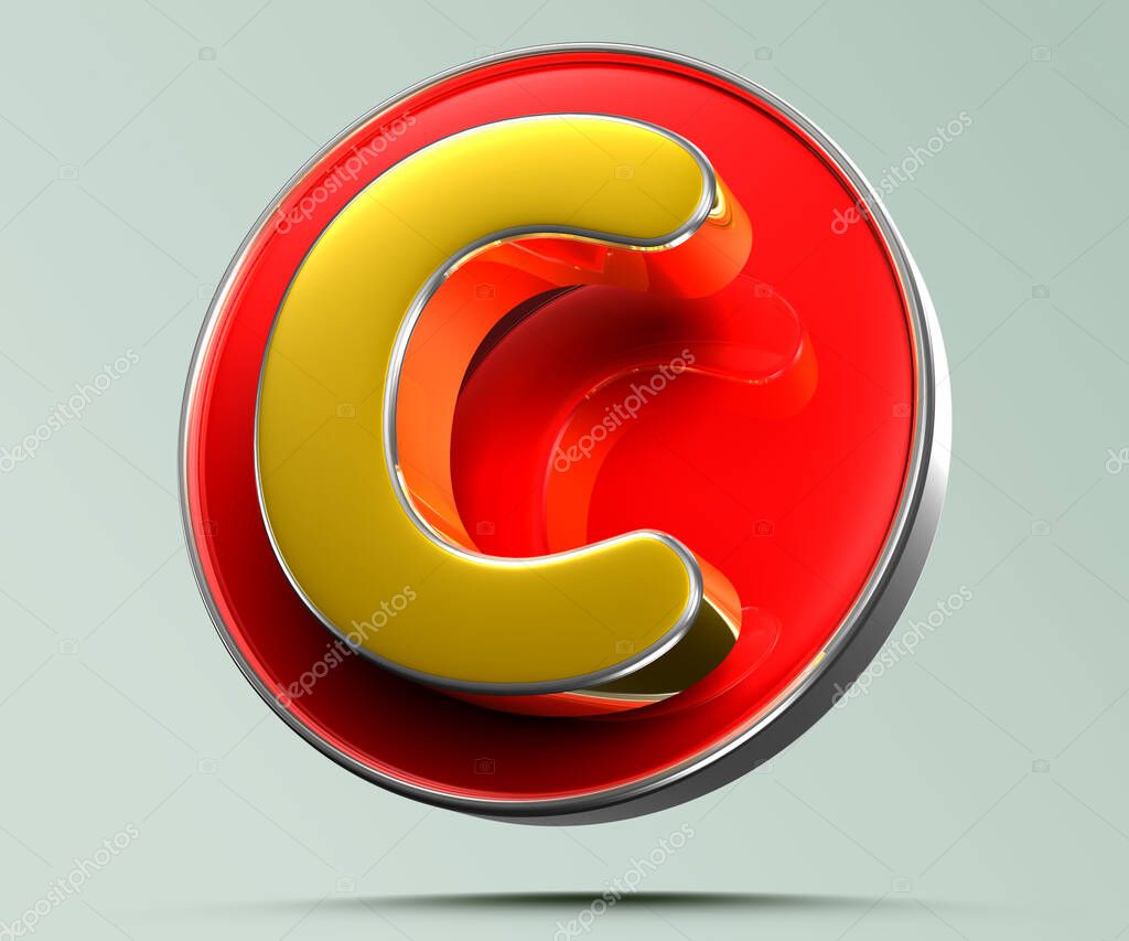 Letter C golden yellow in red circle 3D illustration on light gray background have work path. Advertising signs. Product design. Product sales. Product code.
