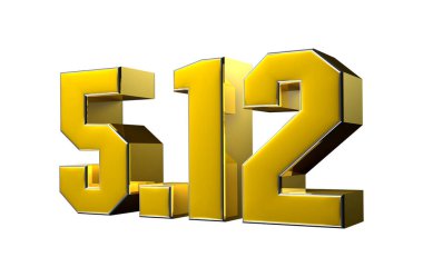 Beyaz arka planda, altın rengi 3D resimle kenetlenmiş 5.12 numaranın çalışma yolu vardır. Reklam tabelaları. Ürün tasarımı. Ürün satışları.