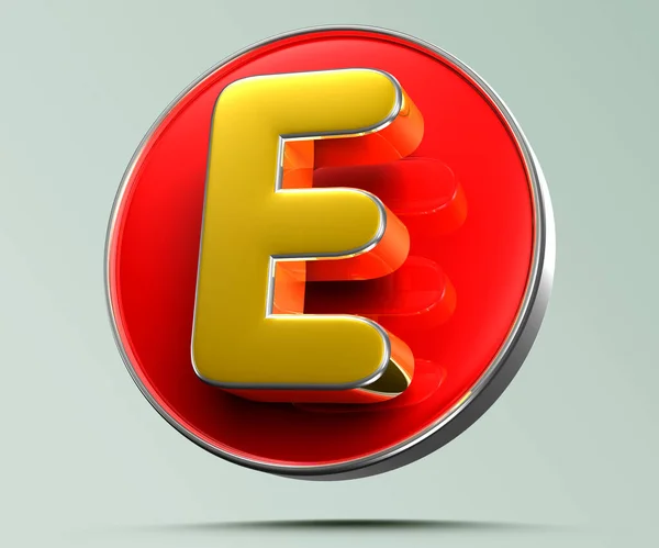 在浅灰背景上的红色圆形三维插图中 字母E的金黄色有工作路径 广告标志 产品设计 产品销售 产品代码 — 图库照片