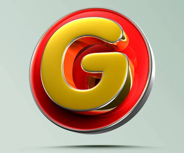 在浅灰色背景上的红色圆形三维插图中 字母G的金黄色有工作路径 广告标志 产品设计 产品销售 产品代码 — 图库照片
