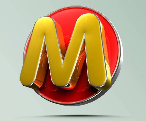 在浅灰色背景上的红色圆形三维插图中 字母M的金黄色有工作路径 广告标志 产品设计 产品销售 产品代码 — 图库照片
