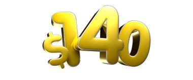 Beyaz arkaplandaki 140 dolarlık altın rengi 3D çizimin çalışma yolu var. Reklam tabelaları. Ürün tasarımı. Ürün satışları.