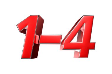 Beyaz arkaplandaki 1-4 numaralı kırmızı 3D çizimin çalışma yolu var. Reklam tabelaları. Ürün tasarımı. Ürün satışları.