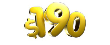 Beyaz arka planda 190 dolarlık altın rengi 3D resimlerin çalışma yolu vardır. Reklam tabelaları. Ürün tasarımı. Ürün satışları.