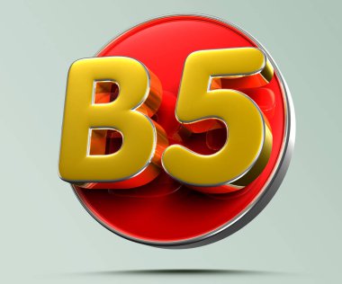 Açık gri arkaplandaki B5 altın, kırmızı dairenin üç boyutlu çiziminin çalışma yolu. Reklam tabelaları. Ürün tasarımı. Ürün satışları. Ürün kodu.